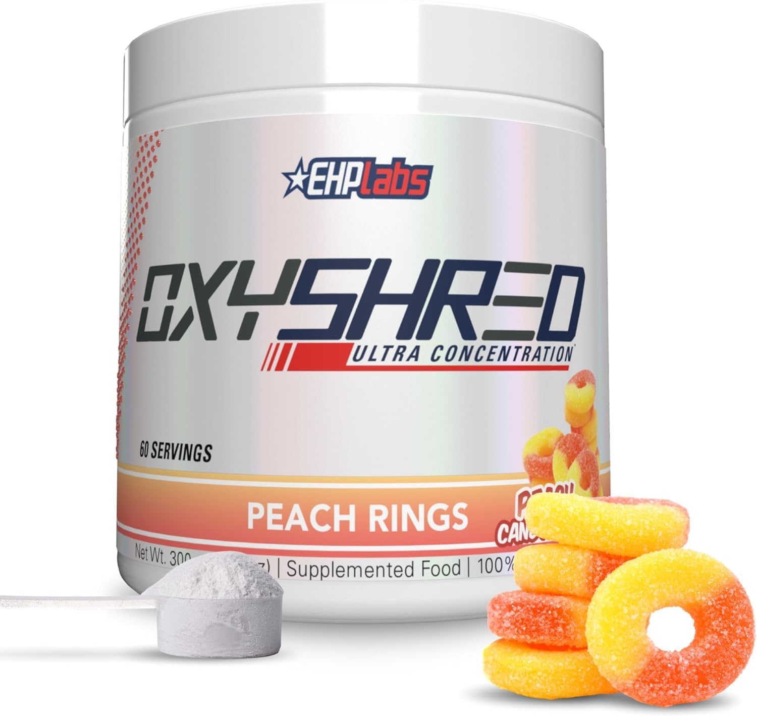 EHP Labs OxyShred Pre Workout Powder – Preworkout Powder with L Glutamine & Acetyl L Carnitine, Energy Boost Drink – Peach Candy Rings, 60 Servings