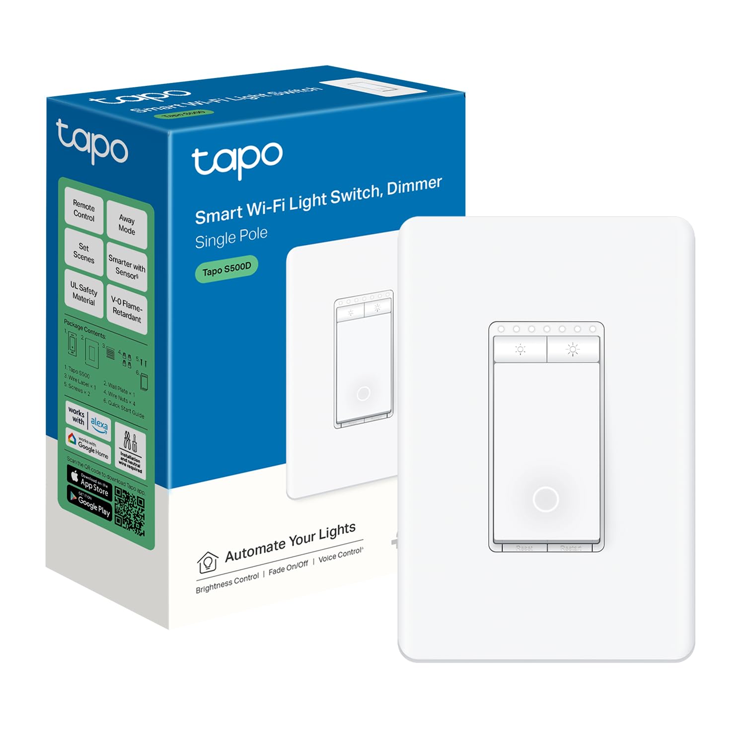 TP-Link Tapo Smart Dimmer Switch, Single Pole, Neutral Wire Required, 2.4GHz Wi-Fi Light Switch Compatible with Alexa and Google Home, UL Certified, No Hub Required, White (Tapo S500D)