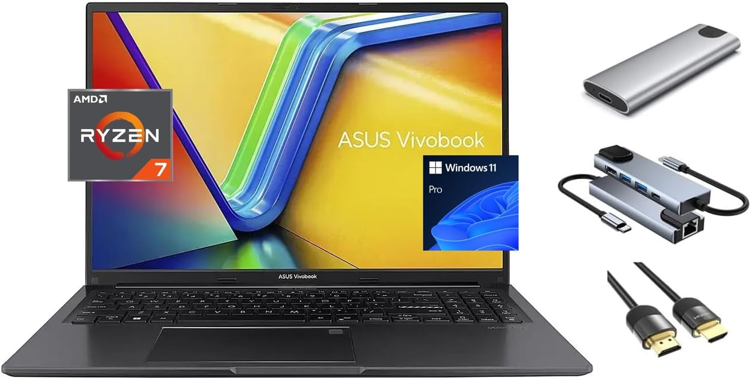 ASUS Vivobook 16 Laptop, 16″ WUXGA Display, 8-Core AMD Ryzen 7 7730U (Beats i7-1355U), 40GB RAM, 2TB SSD + 256GB Portable SSD, Webcam, Backlit, KeyPad, FP, 3-in-1 External Storage Bundle, Win 11 Pro