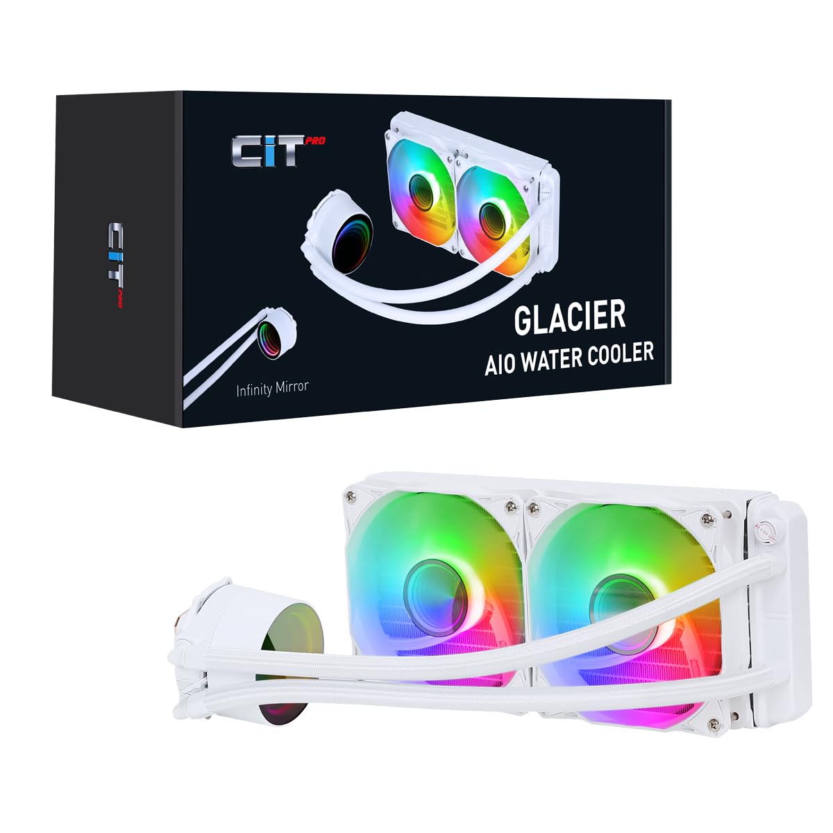 CiT Pro Glacier 240mm White ARGB CPU Liquid Cooler, AIO Cooler 240mm CPU Water Cooler for Intel & AMD, Two CiT Pro YH120 Infinity PWM Fans, 800 to 1800RPM & Infinity Mirror Cap Design | White