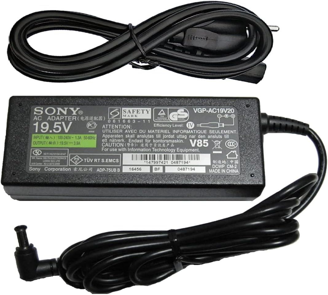 Genuine 19.5V 3.9A 76W AC/DC Adapter Compatible with Sony VGP-AC19V20 VGP-AC19V19 VGP-AC19V27 VGP-AC19V37 Vaio Vgn-Nr200E VGN-SZ240P VGN-SZ270P/C VGN-FZ290EGB VGN-FZ320E VGN-FZ340N VGN-CR510E Charger