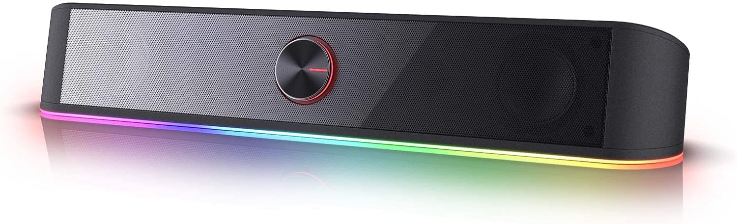 Redragon GS560 RGB Desktop Soundbar, 2.0 Channel Computer Speaker with Dynamic Lighting Bar Audio-Light Sync/Display, Touch-Control Backlit with Volume Knob, USB Powered w/ 3.5mm Cable, Black