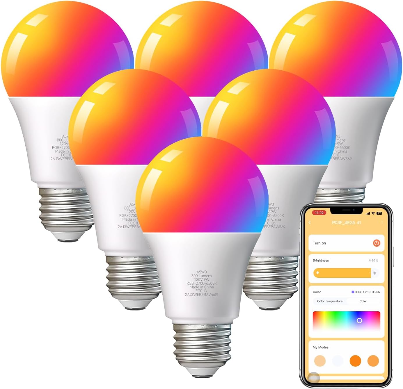 TJOY 6 Pack Smart Light Bulbs, Bluetooth WiFi Led Bulb Work with Alexa&Google Assistant, RGB Color Changing Bulbs, Music Sync, 9W(60W Equivalent), A19 E26 800LM, 2.4Ghz WiFi only