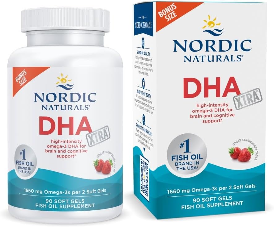 Nordic Naturals DHA Xtra, Strawberry – 90 Soft Gels – 1660 mg Omega-3 – High-Intensity DHA Formula for Brain & Nervous System Support – Non-GMO – 45 Servings