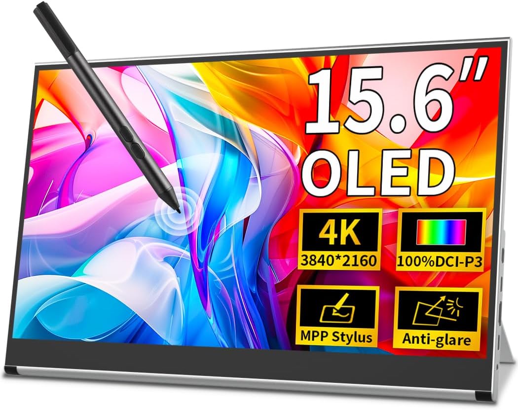 Portable Monitor OLED 4k,15.6 Inch Touchscreen Display UHD DCI-P3 100%, Anti-Glare,1Ms,MPP Stylus Pen Compatible,Laptop External Screen HDR Eye Care Gaming Computer Display W/Stand Sliver