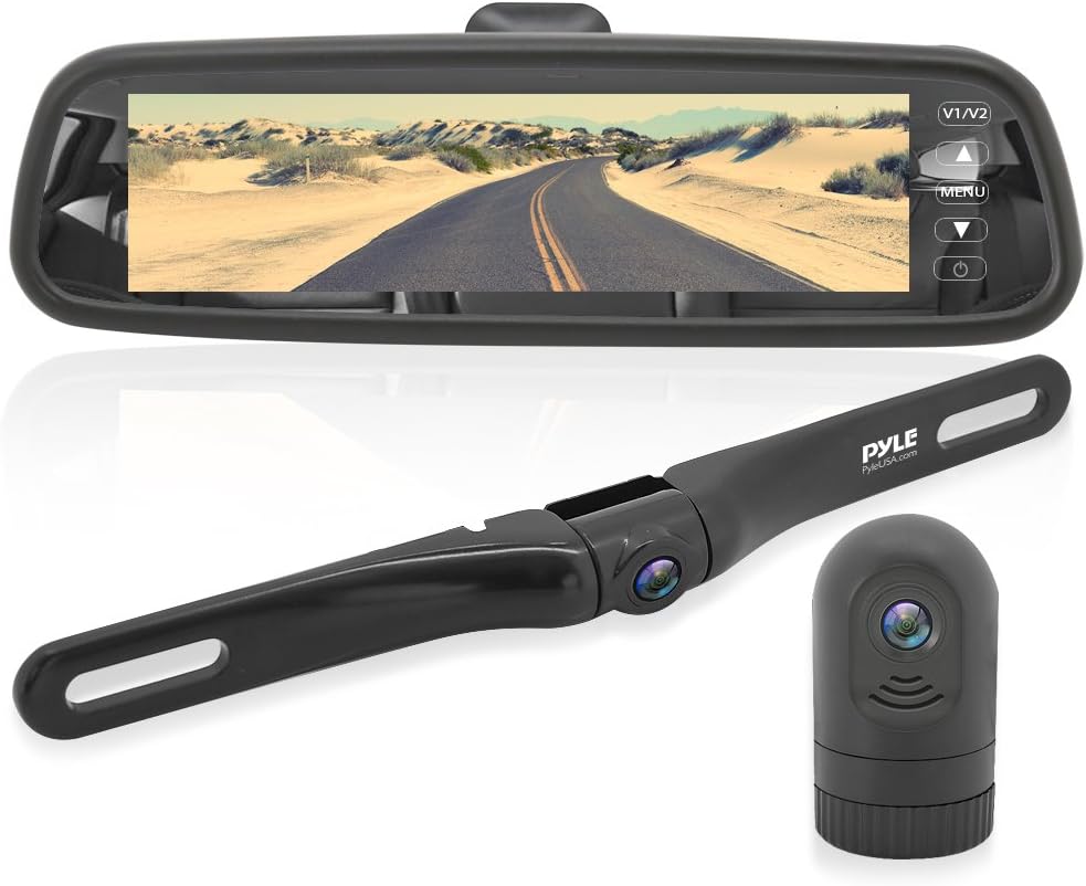 Pyle Dash Cam, Rearview Mirror Monitor, Night Vision, 7.4” LCD Screen, Backup Camera, Slim Bar Design, Waterproof IP-69, G-Sensor, Audio Recording, 32GB Memory Slot, Universal Mount, Includes Cables