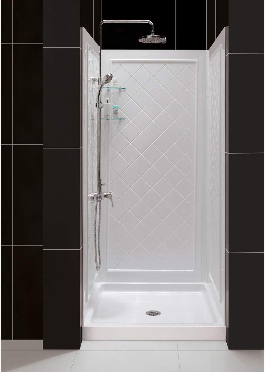 DreamLine 36 in. D x 36 in. W x 76 3/4 in. H Center Drain Acrylic Shower Base and QWALL-5 Backwall Kit In White, DL-6194C-01