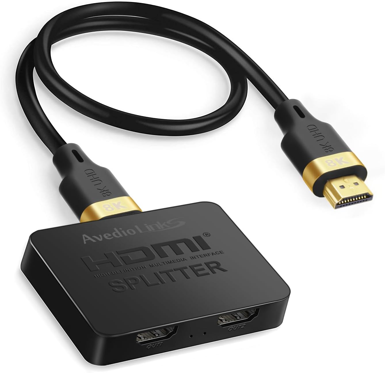 avedio links 8K@60Hz HDMI Splitter 1 in 2 Out [with 4ft 8K HDMI Cable], 4K@120Hz HDMI 2.1 Splitter 1 in to 2 Identical Outputs for Dual Monitors,Support EDID, HDCP2.3, VRR ALLM,48Gbps,3D,Dol-by Vision