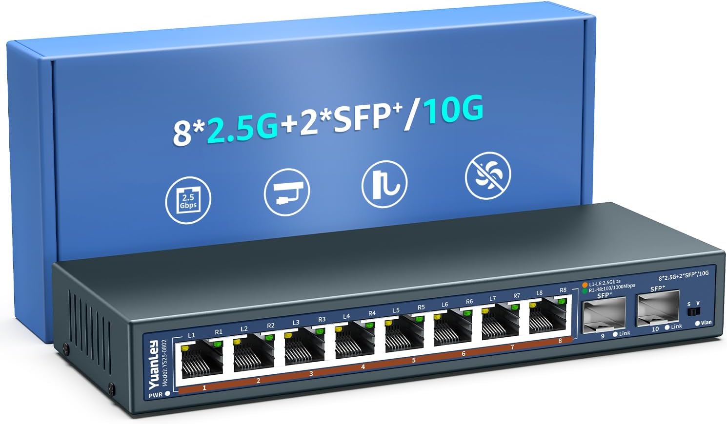 10 Port 2.5G Umanaged Ethernet Switch, 8 x 2.5G Base-T Ports, 2 x 10G SFP, Compatible with 100/1000/2500Mbps, Metal Fanless, Desktop/Wall Mount YuanLey 2.5Gbe Network Switch for Wireless AP, NAS, PC