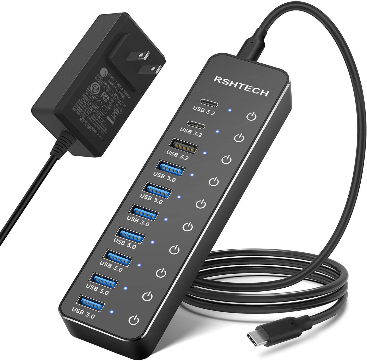 Powered USB Hub, RSHTECH 10-Port USB 3.2/USB C Hub 60W with 10Gbps USB-A 3.2, 2 USB-C 3.2, 7 USB 3.0 Ports, Individual Touch Switches and 3.3ft Cable, Hybrid USB Splitter for Laptop/PC, RSH-ST10C