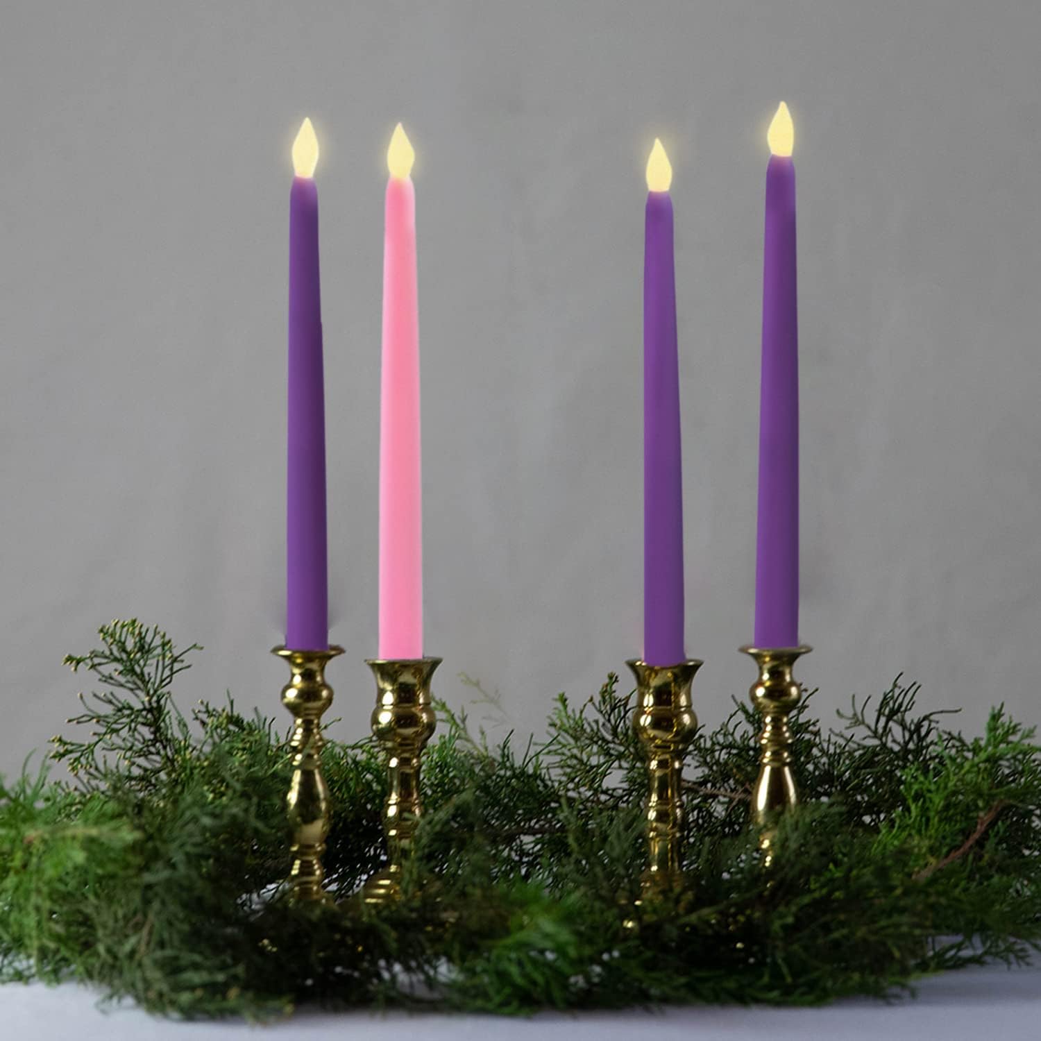 LampLust LED Advent Candles Set of 4 – Remote and Batteries Included, Flickering Flame, 10 Inch Flameless Taper Candlesticks for Christmas Catholic Advent Wreath, Purple and Pink Real Wax