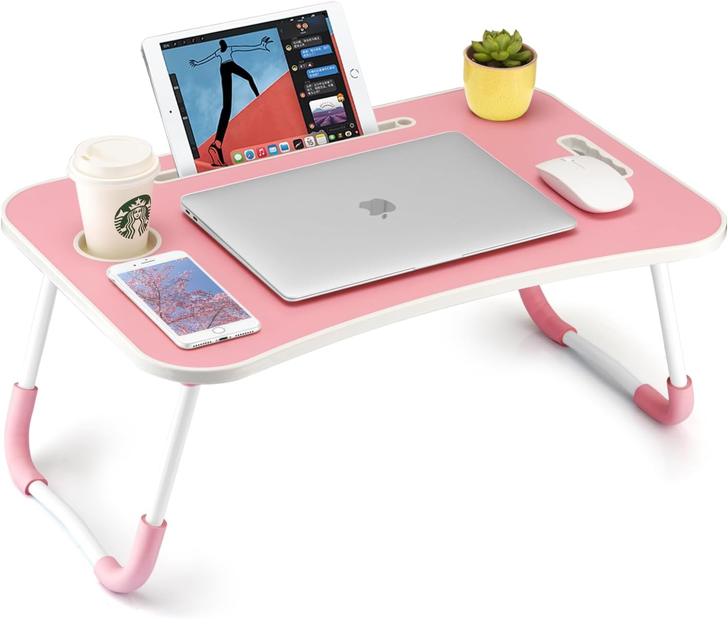 Foldable Laptop Table, Portable Lap Desk Bed Table Tray, Laptop Stand with Cup Holder & Tablet Slot & Lifting Handle for Working Writing Drawing & Eating (Pink)