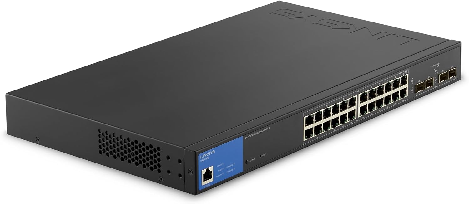 Linksys 24 Port Gigabit Managed Network Switch with 4 x 1Gb Uplink SFP Slots – PoE / PoE+ Ports, QoS, Static Routing, VLAN, IGMP Features – Metal Housing, Desktop or Wall Mount – LGS328PC