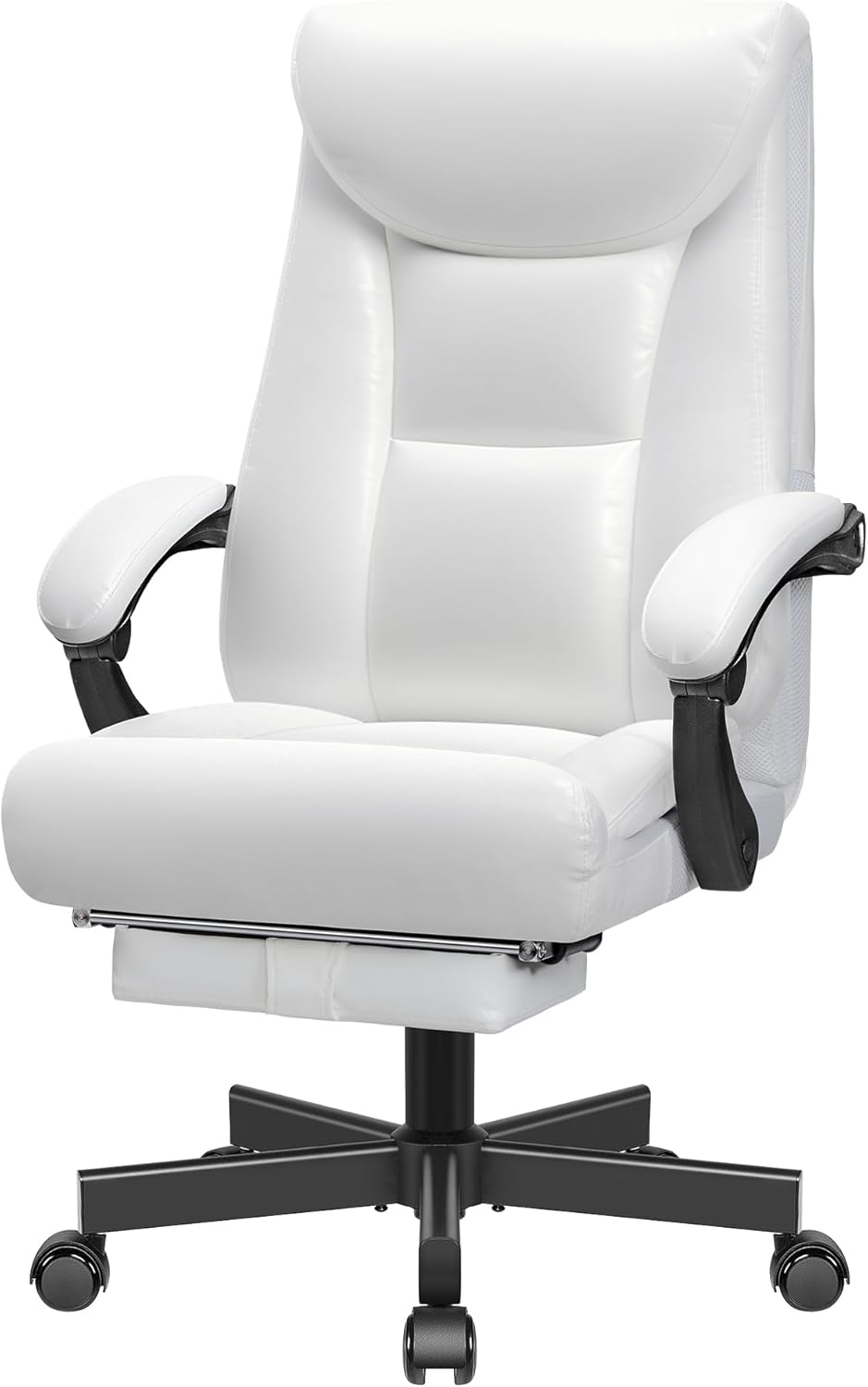 Ergonomic Office Chair, Big and Tall Executive Home Office Desk Chair, Shiny Leather Swivel Computer Chair with High Back, Wheels, Lumbar Support, Footrest（Glossy White）