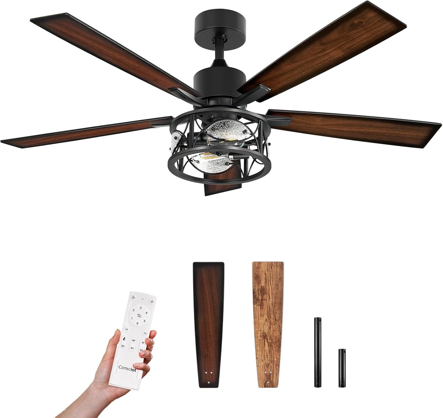 Consciot Ceiling Fan With Lights, 52 Inch Farmhouse Indoor Ceiling Fan With Remote, Quiet Reversible DC Motor, 5 Double Finish Wood Blades, Easy Dual Mount, Support Dimmable 2*E26 Bulbs(not included)