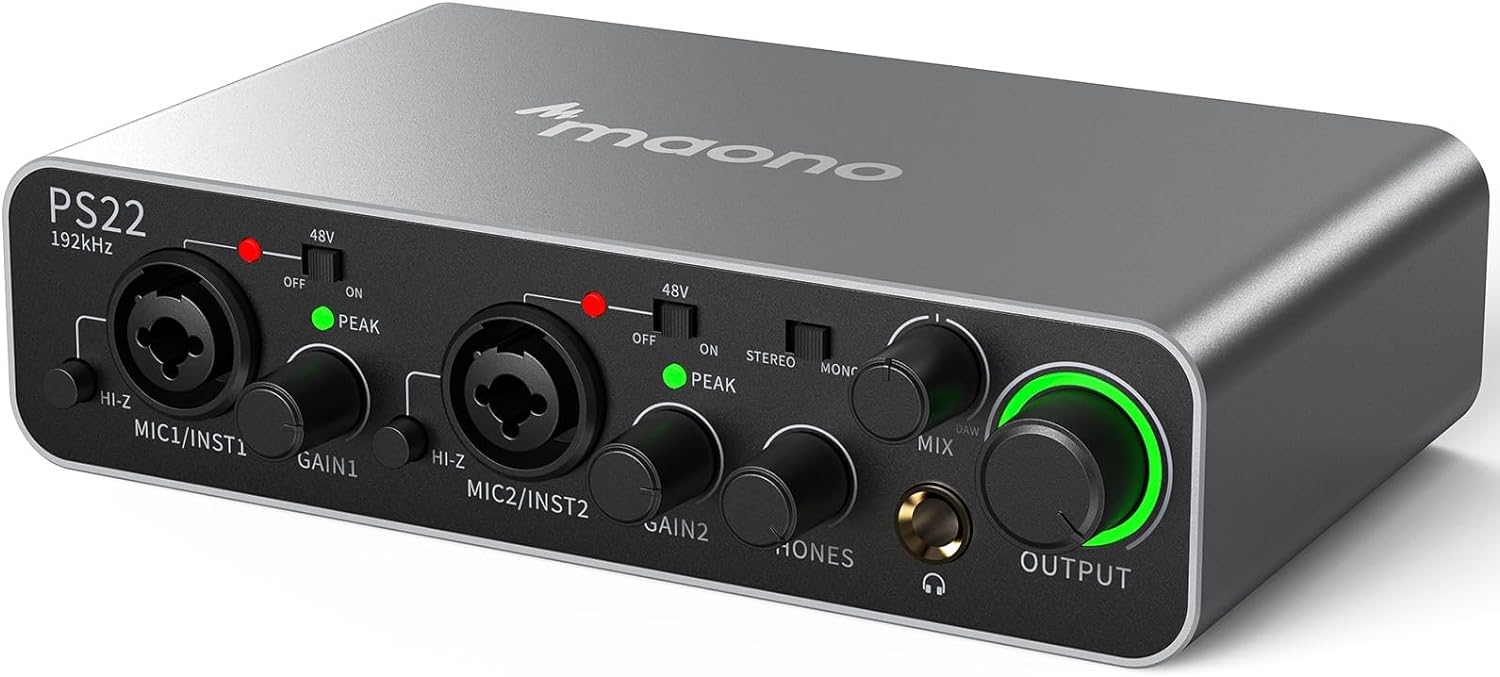 MAONO USB Audio interface for PC with 60 dB Pro-preamp, 24bit/192kHz, Dual USB interface for PC&Smartphone, Routing Software for Home Recording, Music Production, Guitar, Podcast, Streaming(PS22)