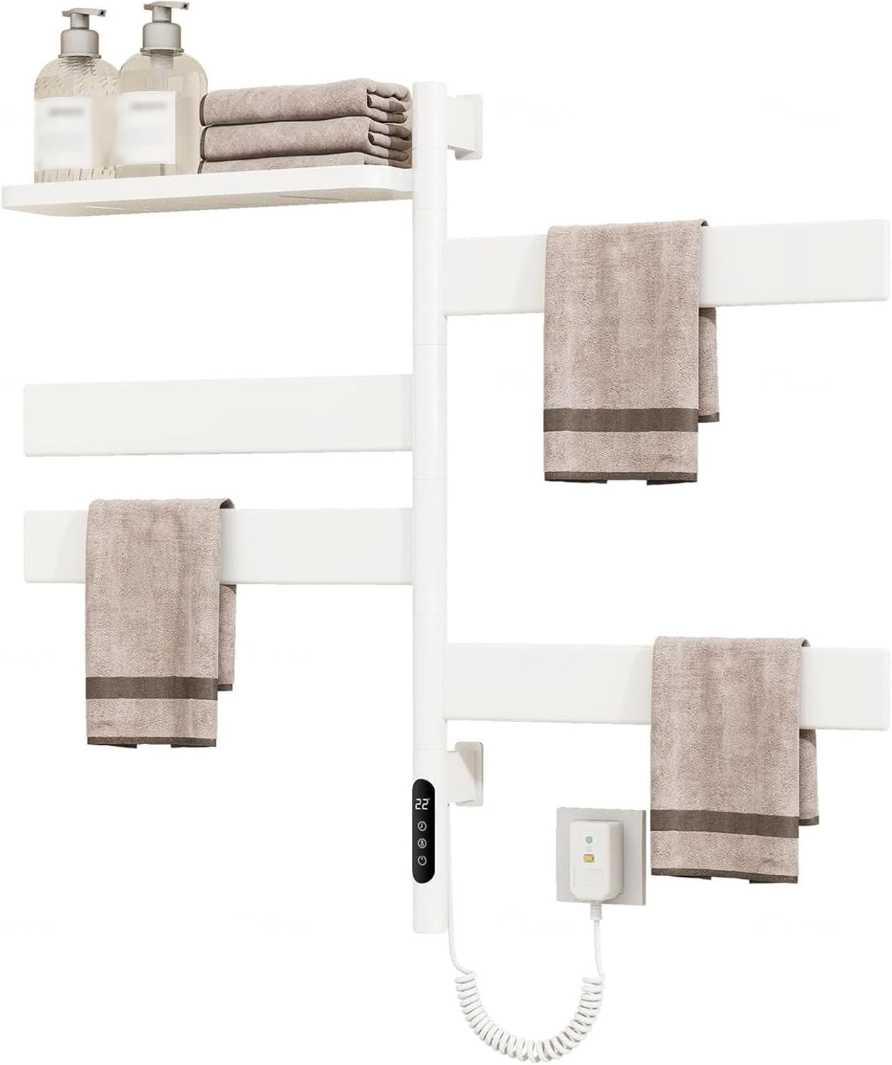 Towel Rack Warmer Rotatable 180°, Electric Towel Rail with Intelligent Touch Screen Timer, Fast Heating, Heated Towel Bar Plug-in or Hardwired,Gray (White)