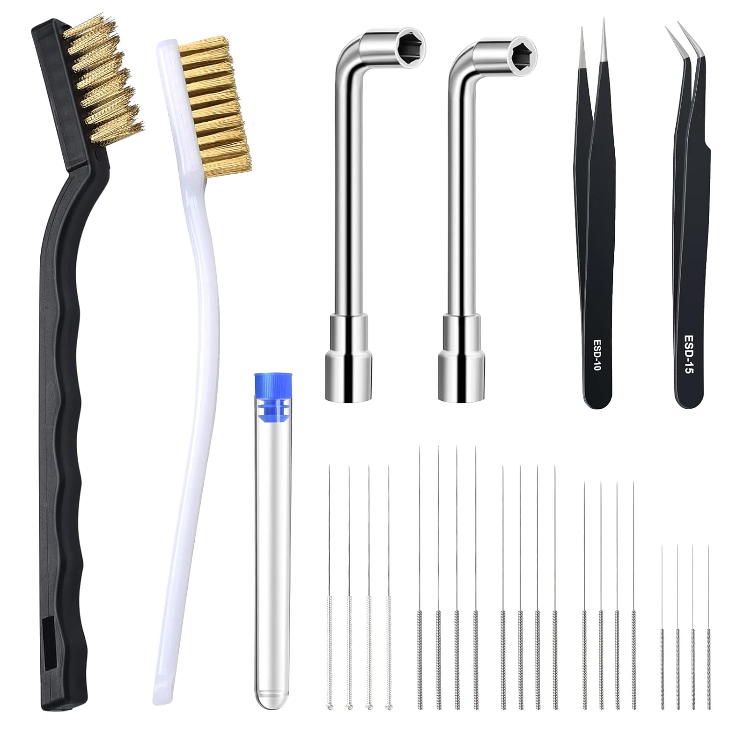 Complete 26-Piece 3D Printer Nozzle Wrench Maintenance Kit: Includes 20 Cleaning Pins with Storage Box, 2 Tweezers, 2 Copper Wire Brushes, 2 L-Shaped Wrench Tools for Optimal 3D Printing Performance