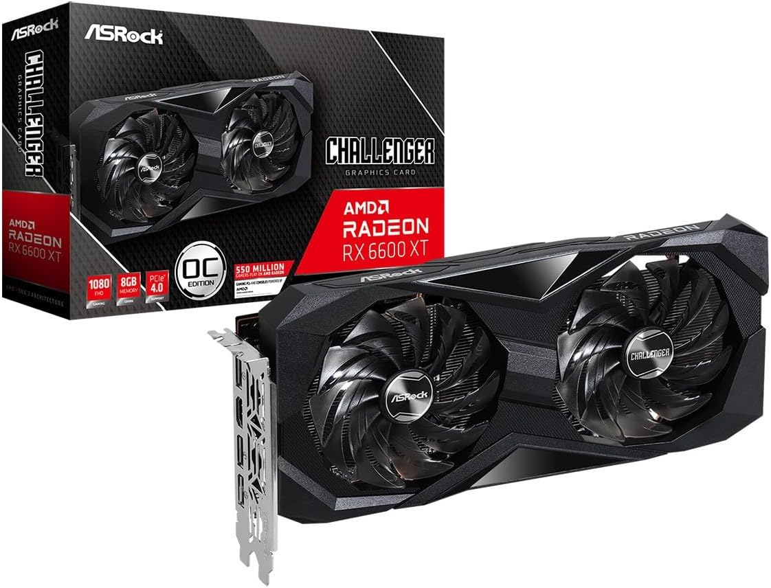 ASRock AMD Radeon RX 6600 XT Challenger D 8GB OC Graphic Card, 3 x DisplayPort, 1 x HDMI, 8GB 128bit GDDR6, Striped Axial Fan, ‎Ultra-fit Heat Pipe, Stylish Metal Backplate, (RX6600XT CLD 8GO)