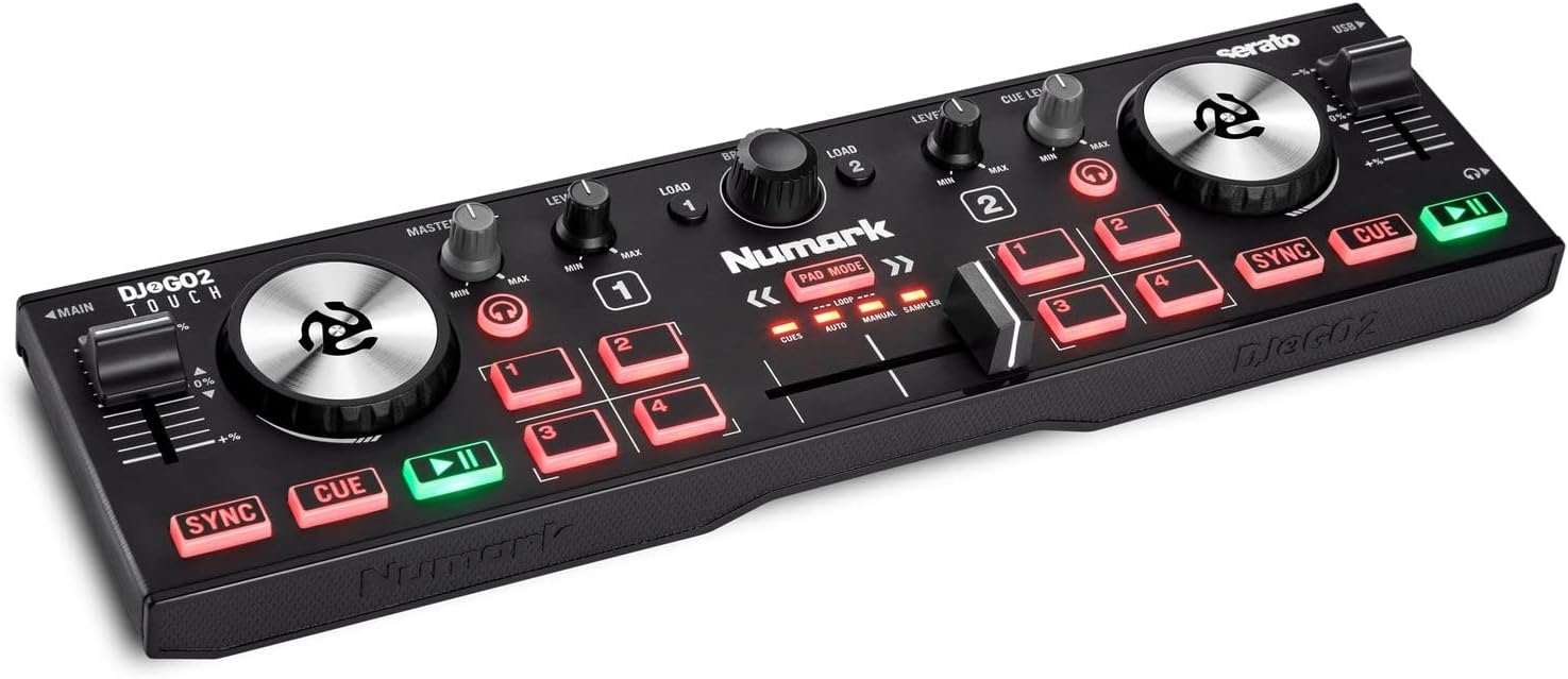 Numark DJ2GO2 Touch – Compact 2 Deck USB DJ Controller For Serato DJ with a Mixer / Crossfader, Audio Interface and Touch Capacitive Jog Wheels,Black