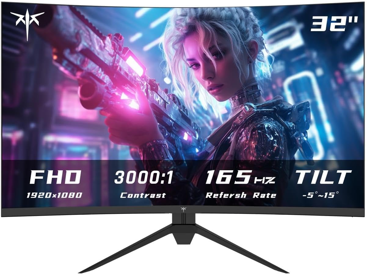 KTC 32 Inch Curved Gaming Monitor, FHD 1080P 165Hz PC Monitor, 1500R, 122% sRGB with HDR, FreeSync Premium, HDMI 2.0×2, DisplayPort 1.4, VESA Compatible, Tilt Adjustable, Eye Care, H32S17C