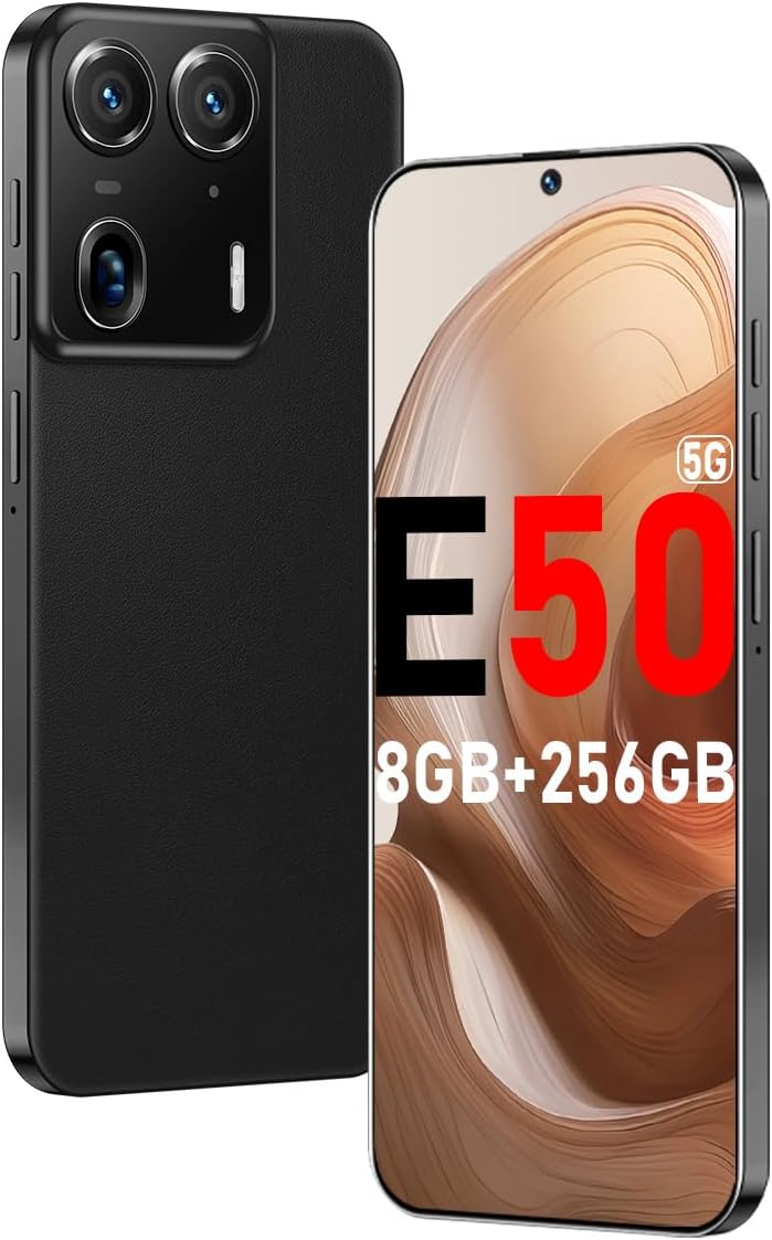 E50 Ultra 5G Cell Phones 2024 Android 13 Android Phone 24MP+50MP Camera 6.8-inch HD Screen 8GB+256GB 8-Core Dual SIM Smartphone 6800 mAh Battery Snapdragon 8cen2(Graphite Black)