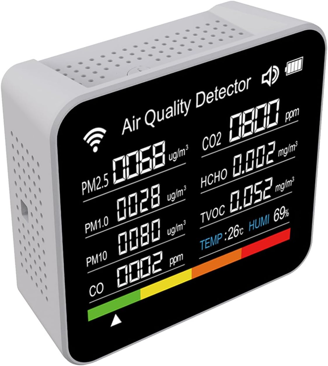 Air Quality Monitors Accurate Tester For CO2 Formaldehyde(HCHO) TVOC PM2.5/PM10 Multifunctional 9 In 1 Tester Air Quality Monitors, White