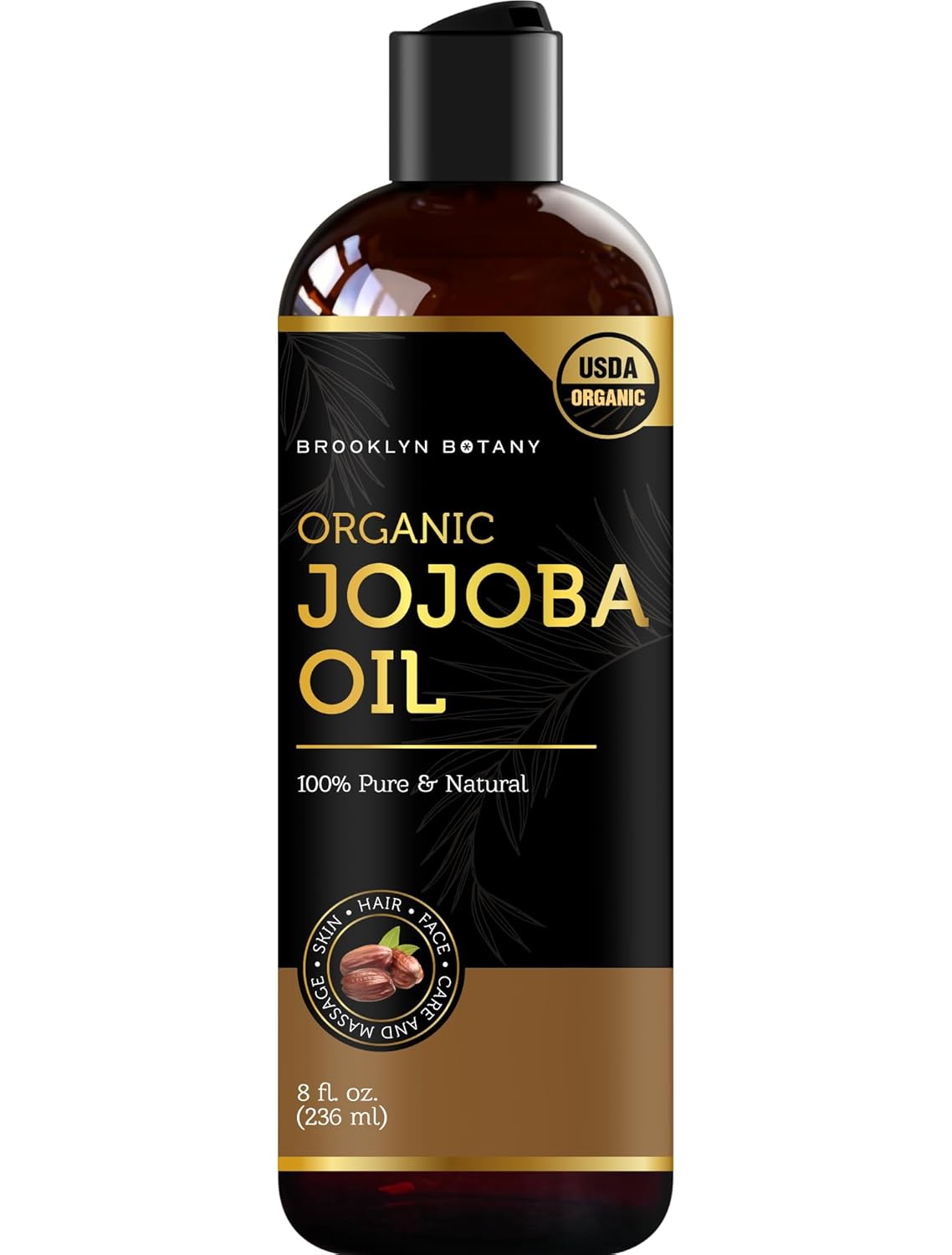 Brooklyn Botany USDA Organic Jojoba Oil for Skin, Hair and Face – 100% Pure and Natural Body Oil and Hair Oil – Carrier Oil for Essential Oils, Aromatherapy and Massage Oil – 8 fl Oz