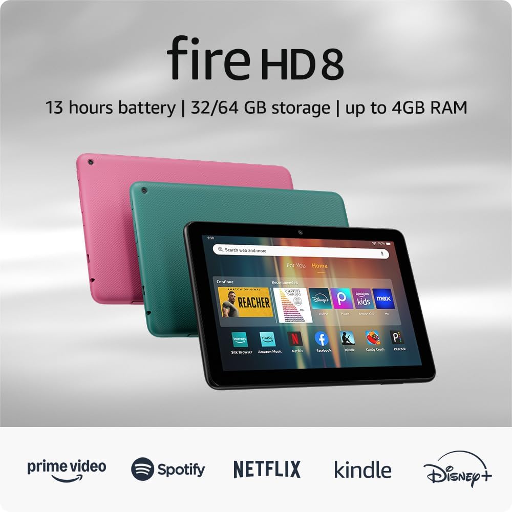 New Amazon Fire HD 8 tablet, 8” HD Display, 3GB memory, 32GB, designed for portable entertainment, Hibiscus, (2024 release)