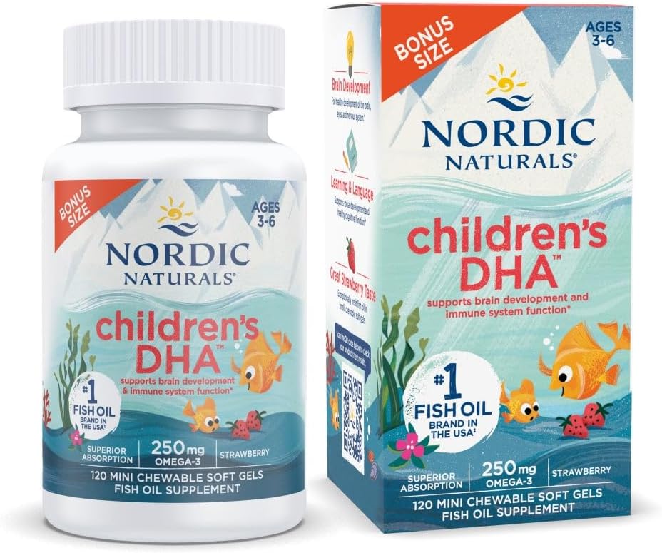 Nordic Naturals Children’s DHA, Strawberry – 120 Mini Chewable Soft Gels for Kids – 250 mg Omega-3 with EPA & DHA – Brain Development & Function – Non-GMO – 30 Servings