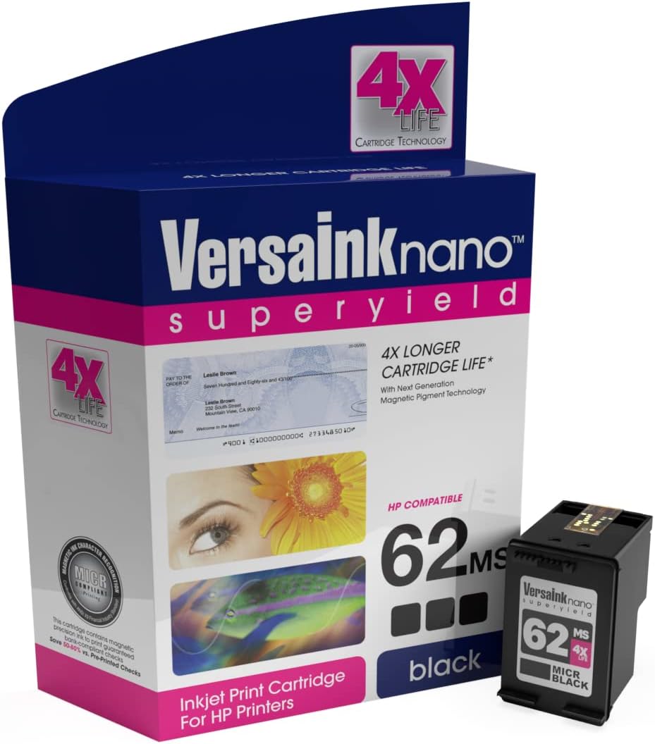 VersaInk-Nano HP 62 MS Black MICR Ink Cartridge for Check Printing, Black