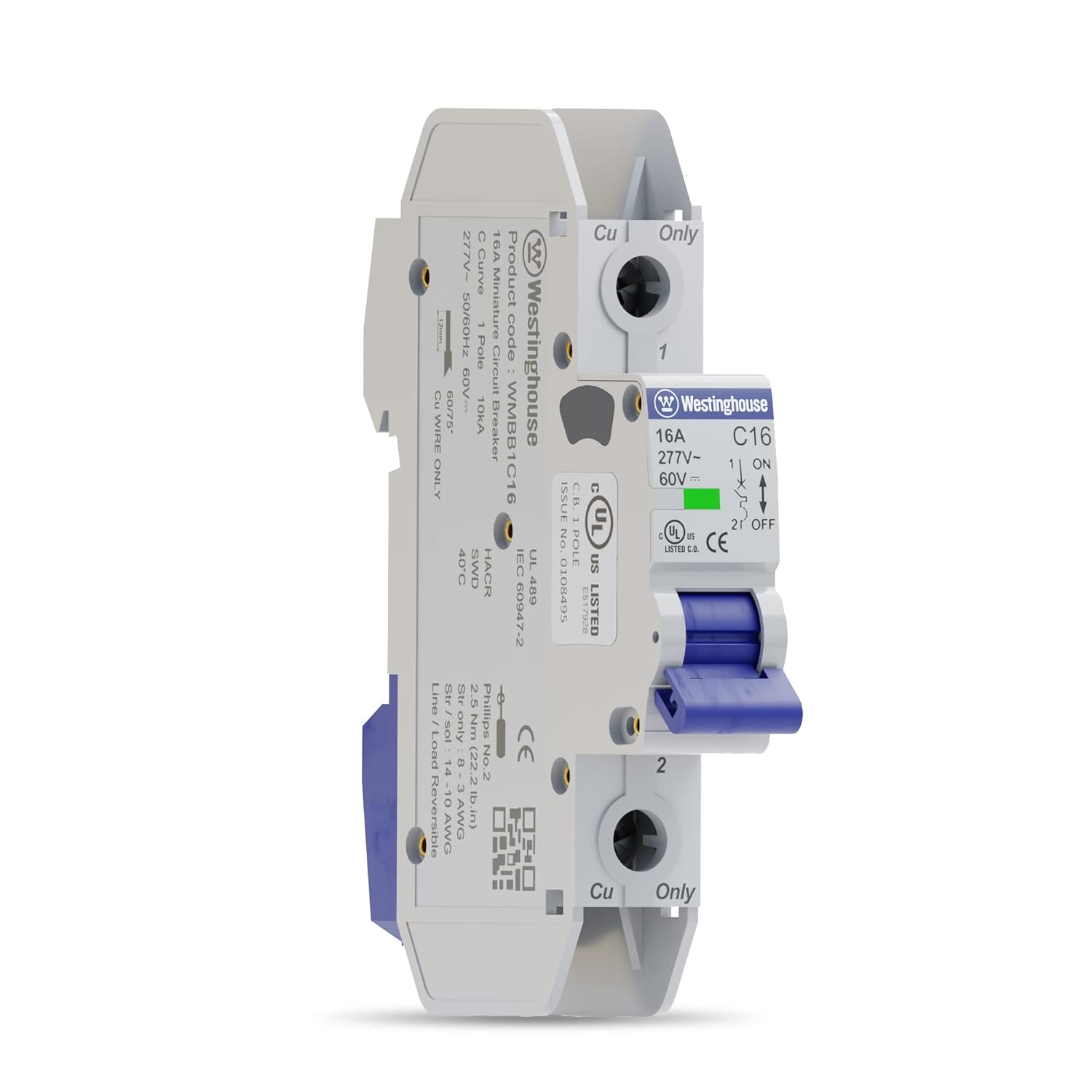 Westinghouse UL 489 AC Miniature Circuit Breaker, 16 Amp, Single Pole, C Curve, 10kA, 277V AC, 60V DC, Non-Polarized, UL Listed, DIN Rail Breaker with Thermal Magnetic Trip