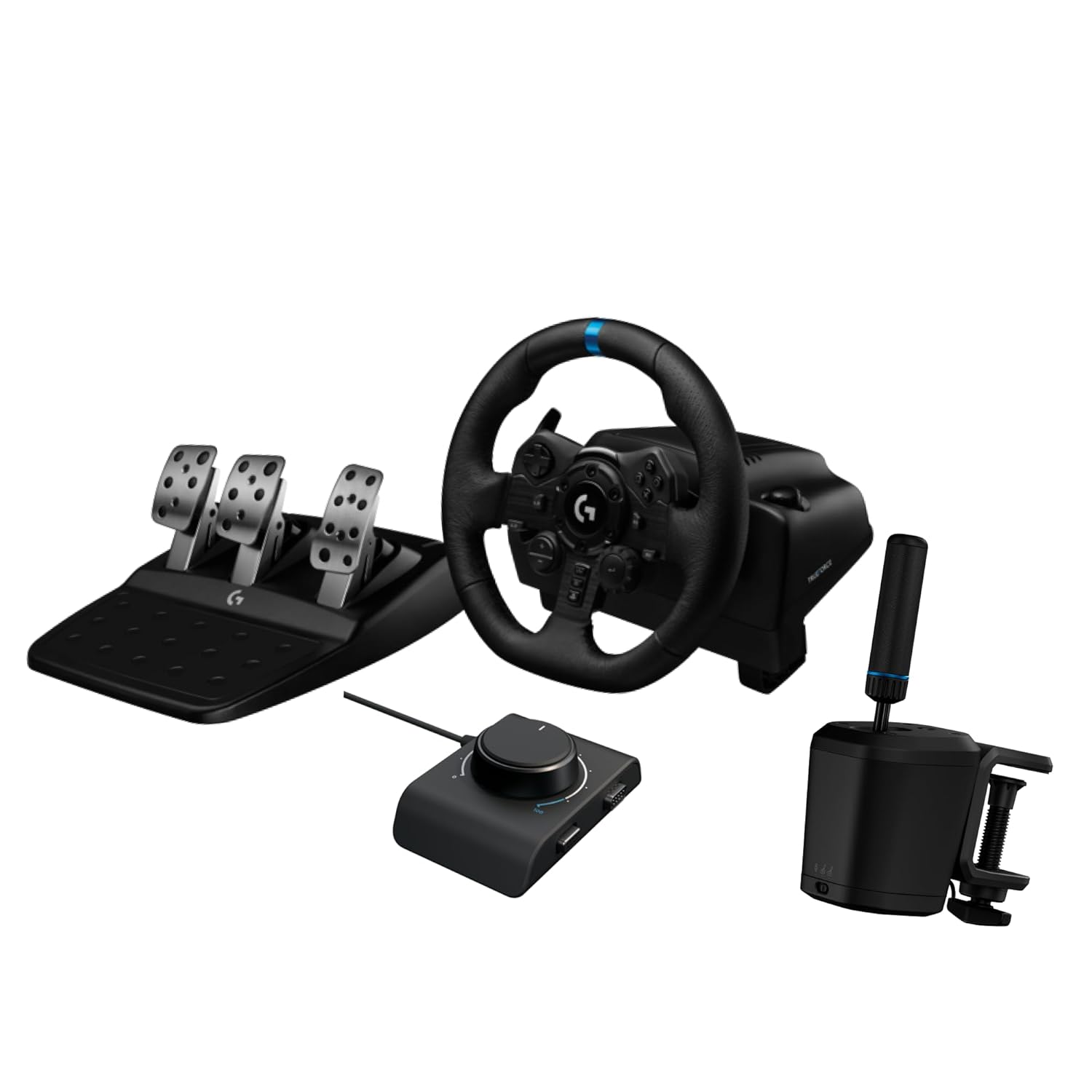 Logitech G923 Racing Wheel and Pedals + RS Shifter & Handbrake + Racing Adapter Bundle – PS5/PS4/PC