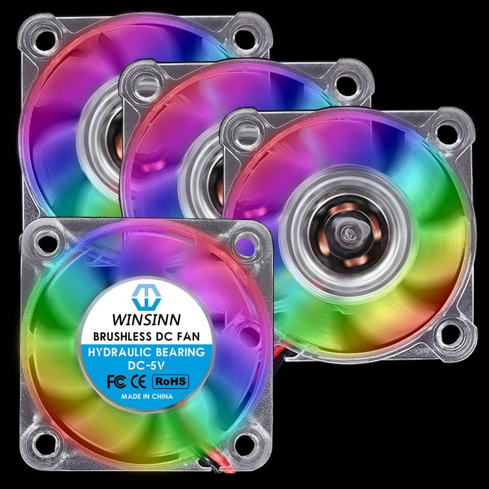 WINSINN 40mm RGB Fan 5V, LED Colorful 3D Printer Micro 5 Volt Fans 4010 Hydraulic Bearing, Brushless Cooling 40mmx10mm 2PIN (Pack of 4Pcs)