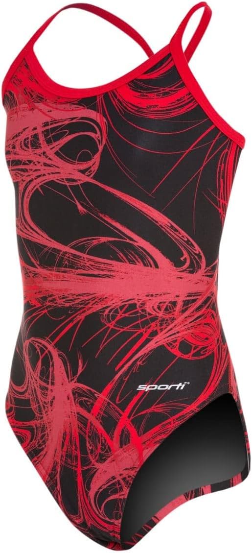 Sporti Light Wave Thin Strap One Piece Swimsuit Youth (22-28) – Black/Red – 28Y