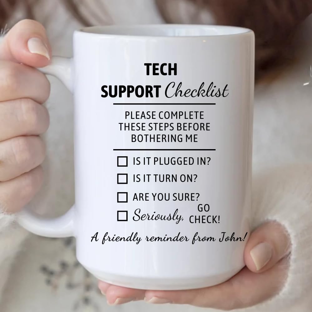 Tech Support Checklist Helpdesk Tea & Coffee Mug, Funny Office Technical Support Engineer IT Computer Geek Help Desk Nerd Present Gift, Gifts for IT Professionals, Tech Lover