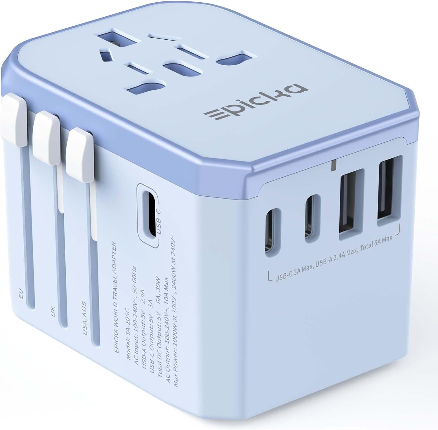 EPICKA Universal Travel Adapter, International Power Plug Adapter with 3 USB-C and 2 USB-A Ports, All-in-One Worldwide Wall Charger for USA EU UK AUS (TA-105C, Blue)