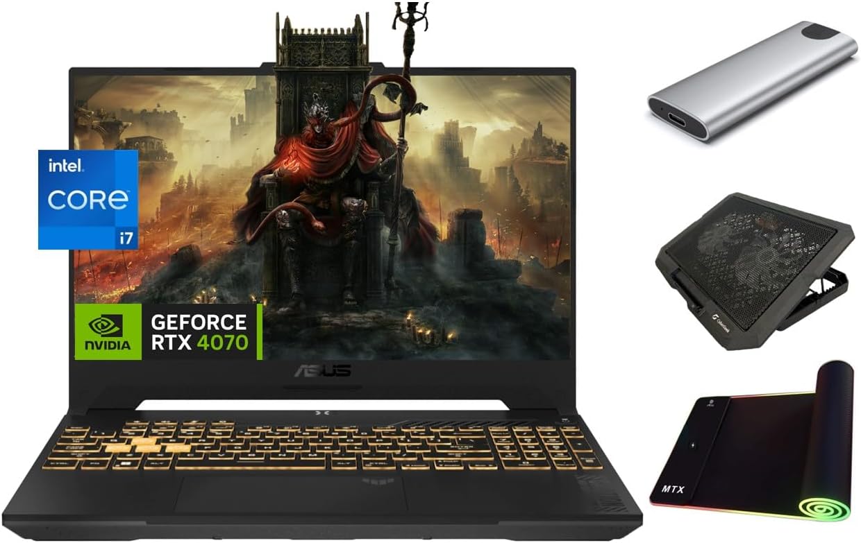 ASUS TUF RTX 4070 Gaming Laptop, 15.6″ 144Hz FHD Display, 10-Core Intel Core i7-13620H (up to 4.90 GHz), NVIDIA RTX 4070 GPU, 64GB RAM, 2TB SSD + 256GB Portable SSD, RGB Backlit, Gamer Bundle, Win 11