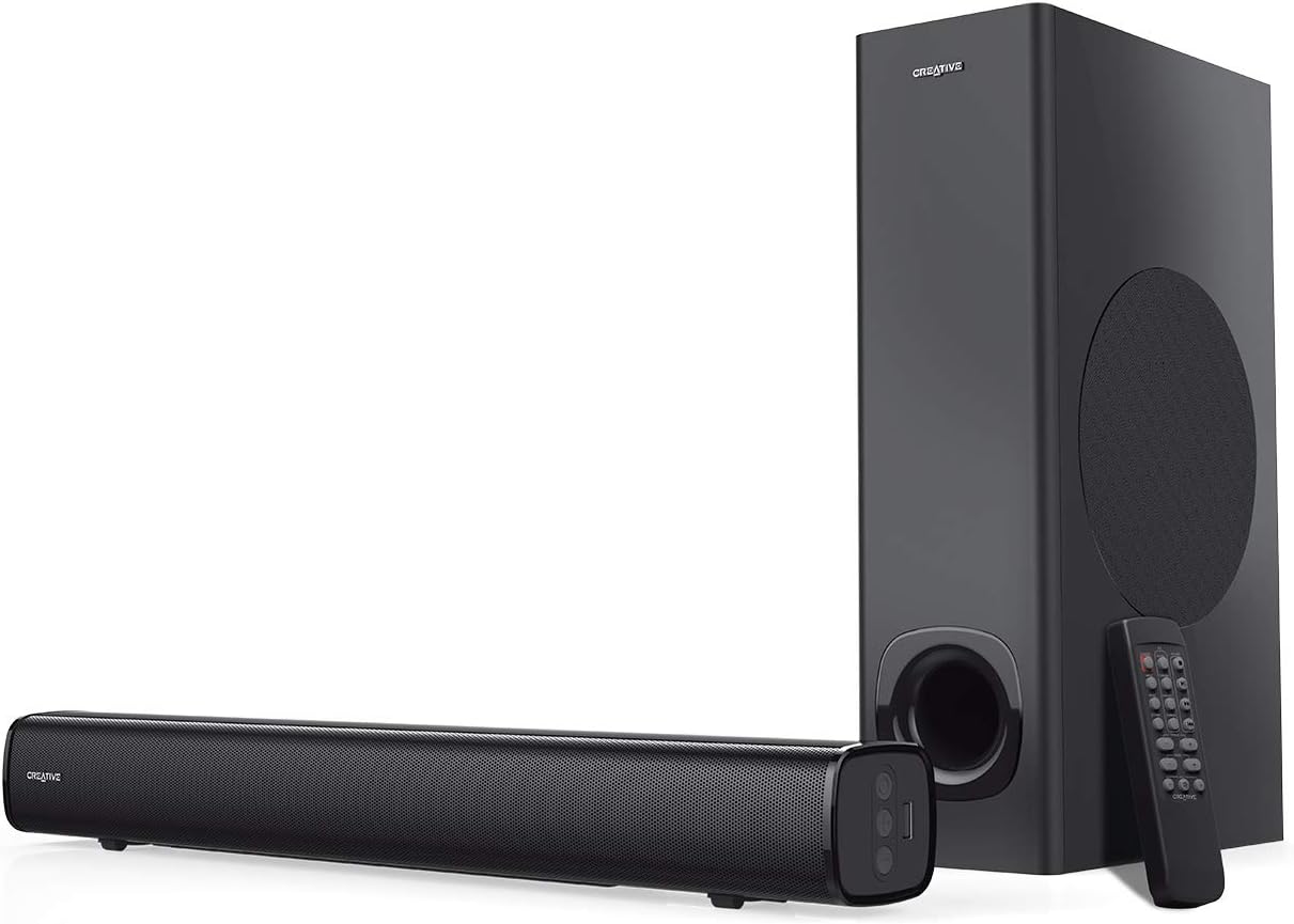 Creative Stage 2.1 Channel Under-Monitor Soundbar with Subwoofer for TV, Computers, and Ultrawide Monitors, Bluetooth/Optical Input/TV ARC/AUX-in, Remote Control and Wall Mounting Kit