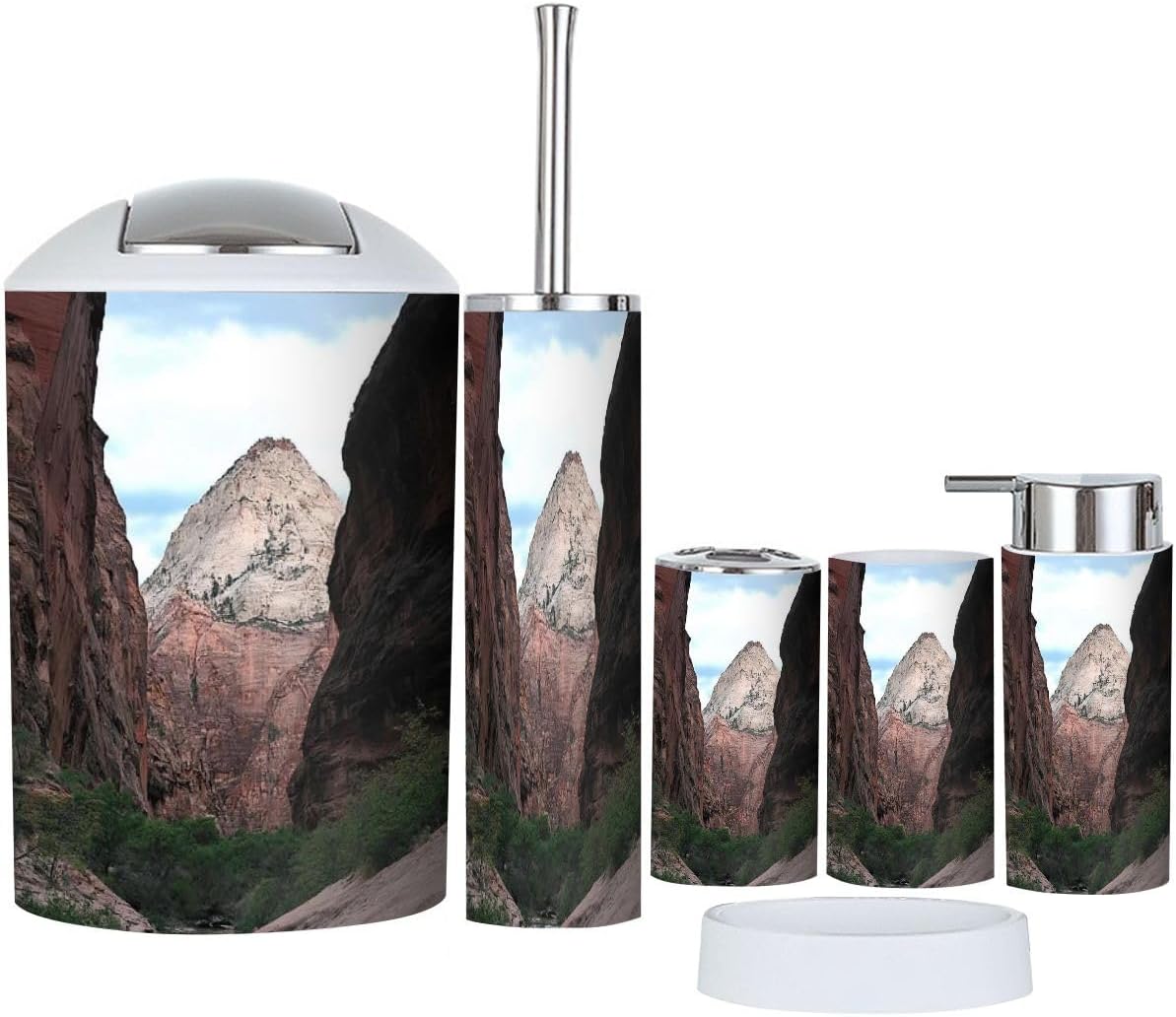 Bathroom Accessory Set 6 Piece Zion National Park Utah Toothbrush Holder, Toothbrush Cup, Soap Dispenser, Soap Dish, Toilet Brush Holder, Trash can