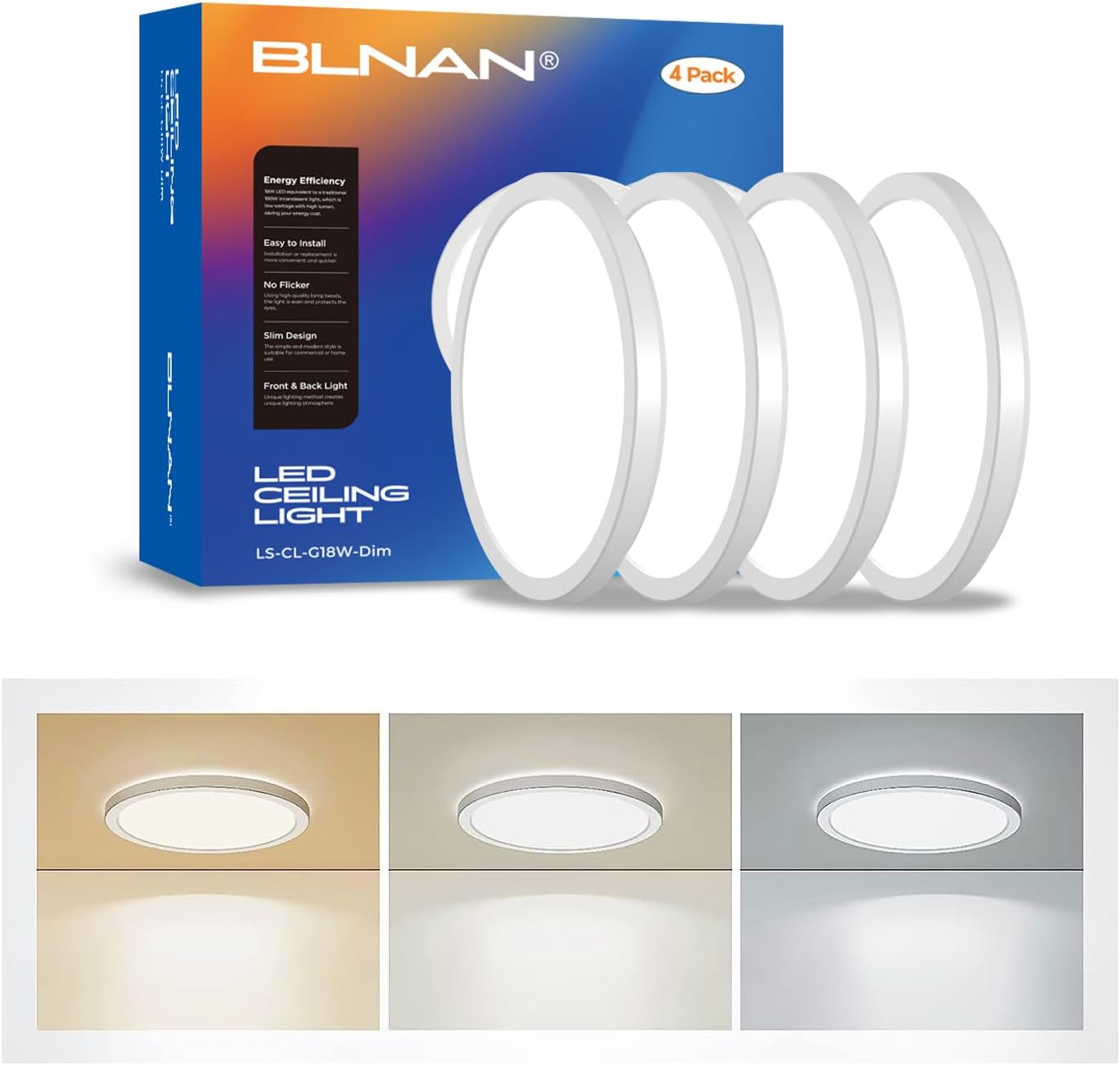 BLNAN LED Flush Mount Ceiling Light, 8.66 Inch 18W 3000K/4000K/5000K Hardwire Light Fixture, Ultra Thin Round White Lamp for Kitchen Porch Bedroom Hallway Stairwell Basement, Non-dimmable 4 Pack