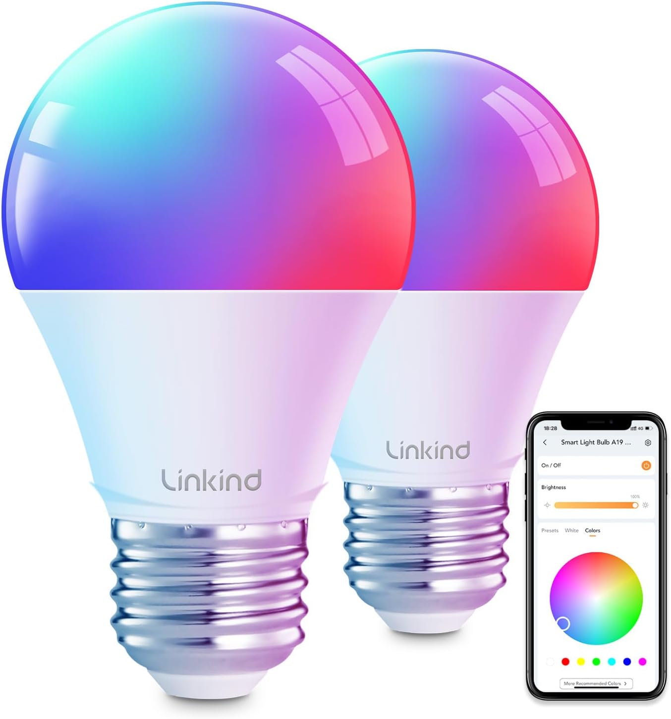 Linkind Smart Light Bulbs, Smart Bulb That Work with Alexa & Google Home, Color Changing Light Bulbs, 64 Preset Scenes, Music Sync, A19 E26 2.4GHz RGBTW WiFi Bluetooth Light Bulb 60W, 800LM, 2Pack