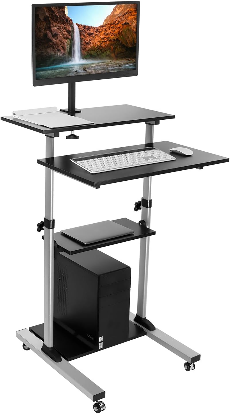 Mount-It! Mobile Computer Cart with Monitor Mount for Screen up to 32″, Portable Desk on Wheels, Rolling Laptop Stand for Teachers, Office, Classroom, Rise up to 53″, Projector, Podium, Keyboard Tray