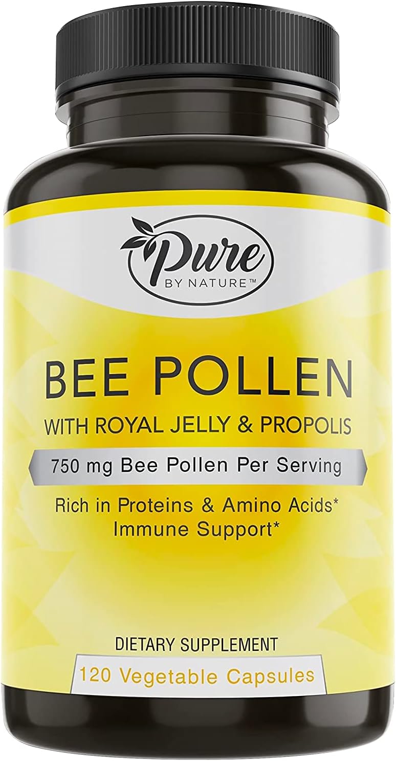 Pure By Nature Bee Pollen Supplement with Propolis & Royal Jelly for Immune Support, Antioxidant Properties, 120 Non-GMO Vegetarian Capsules