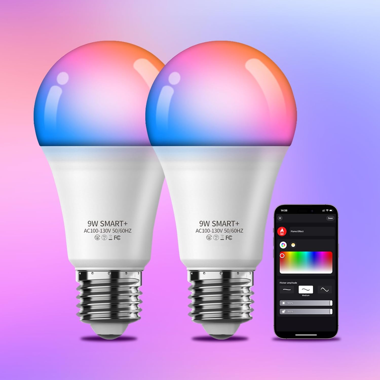 Smart Light Bulbs 2Pack, Color Changing Light Bulb Works w/Alexa Google Home, 9W A19 E26 800LM RGBTW Colored LED Bulbs, 50+ DIY Scenes, Music Sync, App & Voice Control WiFi Light Bulbs