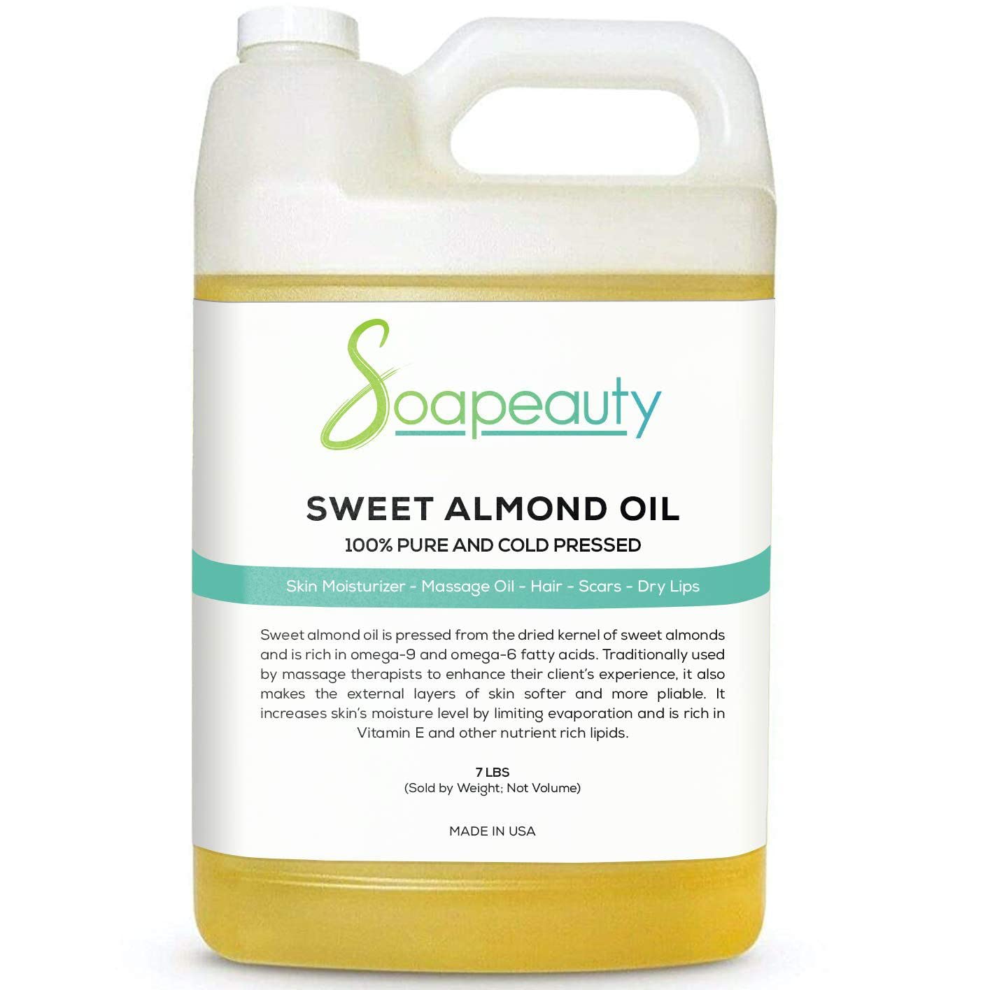 Soapeauty Sweet Almond Oil Cold Pressed Refined | 100% Pure Sweet Almond oil Available in Bulk | Carrier for Essential Oils, Almond oil for Skin, Face, and Hair, Soap Making | 7 Lb