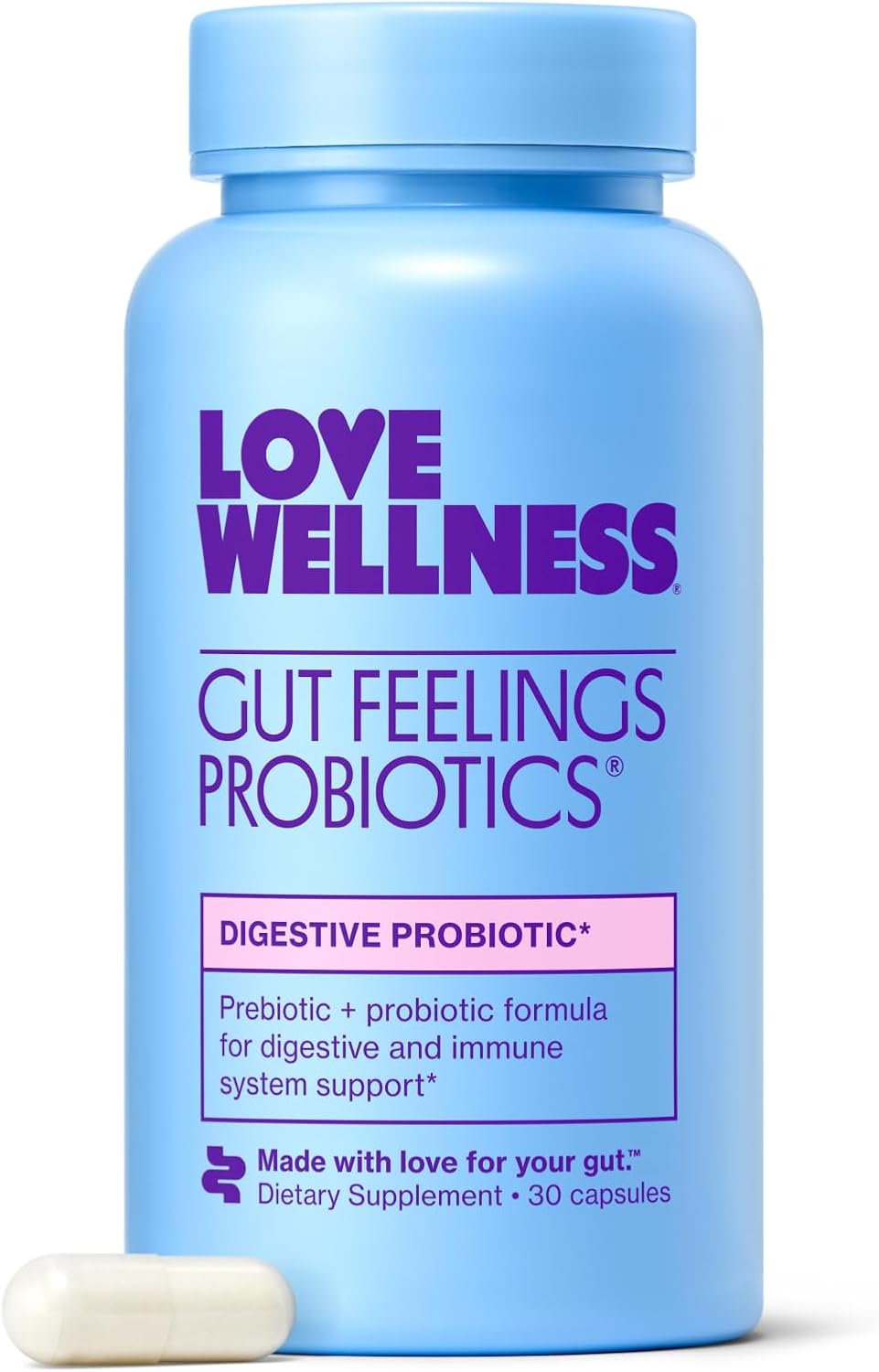 Love Wellness Gut Feelings Probiotic | Gut Health for Women, Digestion Relief & Immune Support Supplement | Womens Probiotic for Gas Relief | 3 Billion CFU | Safe Prebiotic and Postbiotic | 30 Count