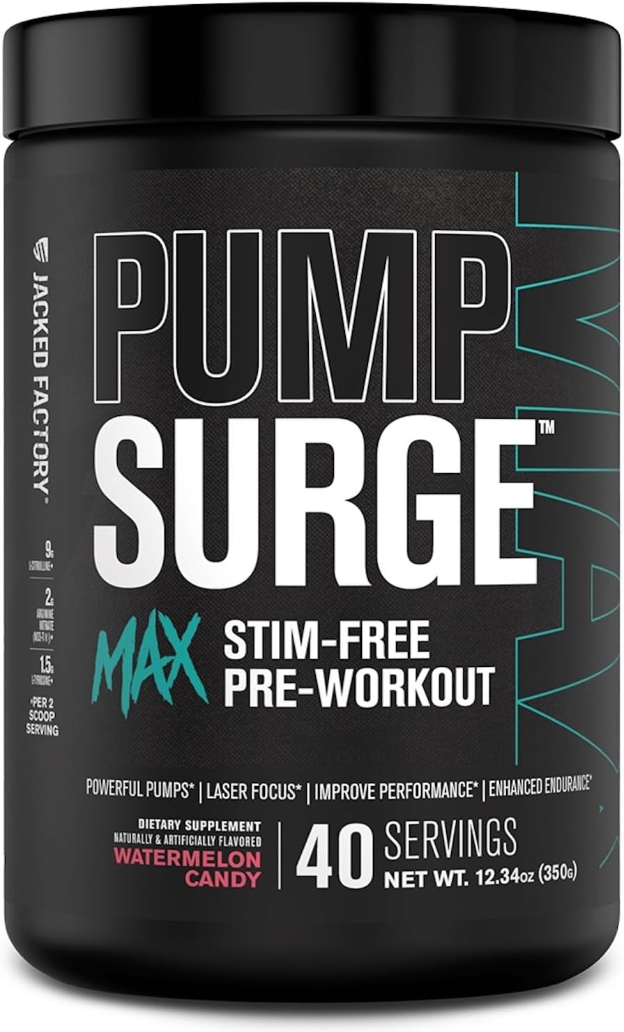 Jacked Factory Pumpsurge Max Stim Free Pre Workout – High-Performance Caffeine Free Pre Workout with L-Citrulline, N03-T Arginine Nitrate & Glutathione – 40 Servings, Watermelon Candy