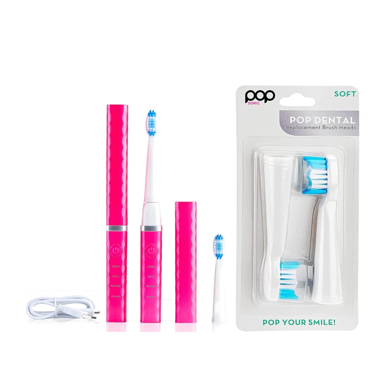 Pop Sonic USB Charge Anywhere Toothbrush (Pink) Bonus 2 Pack Rpelacement Head- Rechargeable Toothbrush w/Up to 40,000 Brush Strokes/Minute