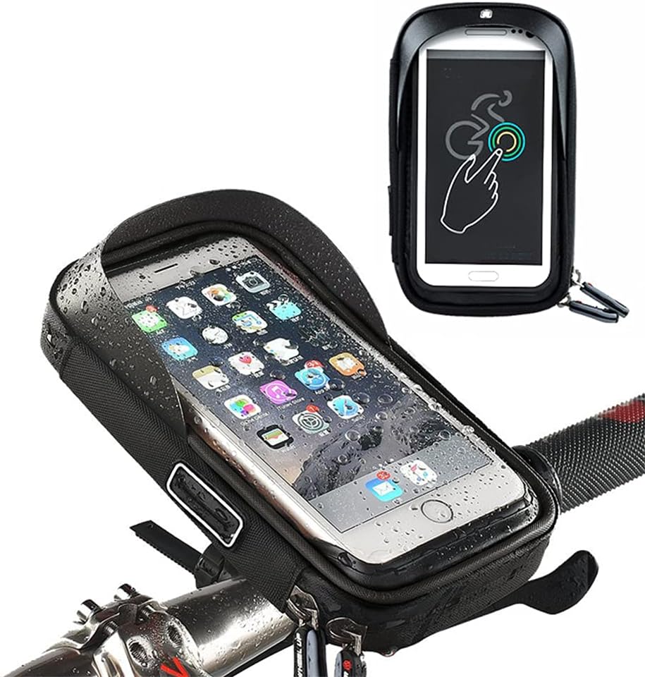 Bike Frame Bag, Double Zipper Transparent Touch Screen Bike Handlebar Bag, 360 Degree Rotatable Waterproof Bicycle Front Tube Pouch Mobile Phone Holder Bag, for Below 6 Inches Smartphone